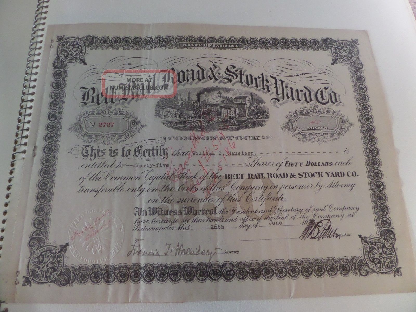 Belt Rail Road & Stock Yard Co.  Indiana 1920 Stock Certificate Revenue Stamps Transportation photo