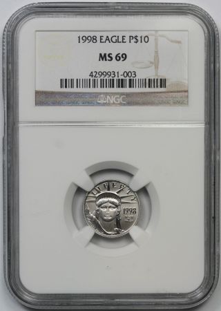 1998 Statue Of Liberty Tenth - Ounce Platinum American Eagle $10 Ms 69 Ngc 1/10 Oz photo