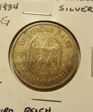 1934 German Third Reich 5 Reichsmark Silver Coin photo