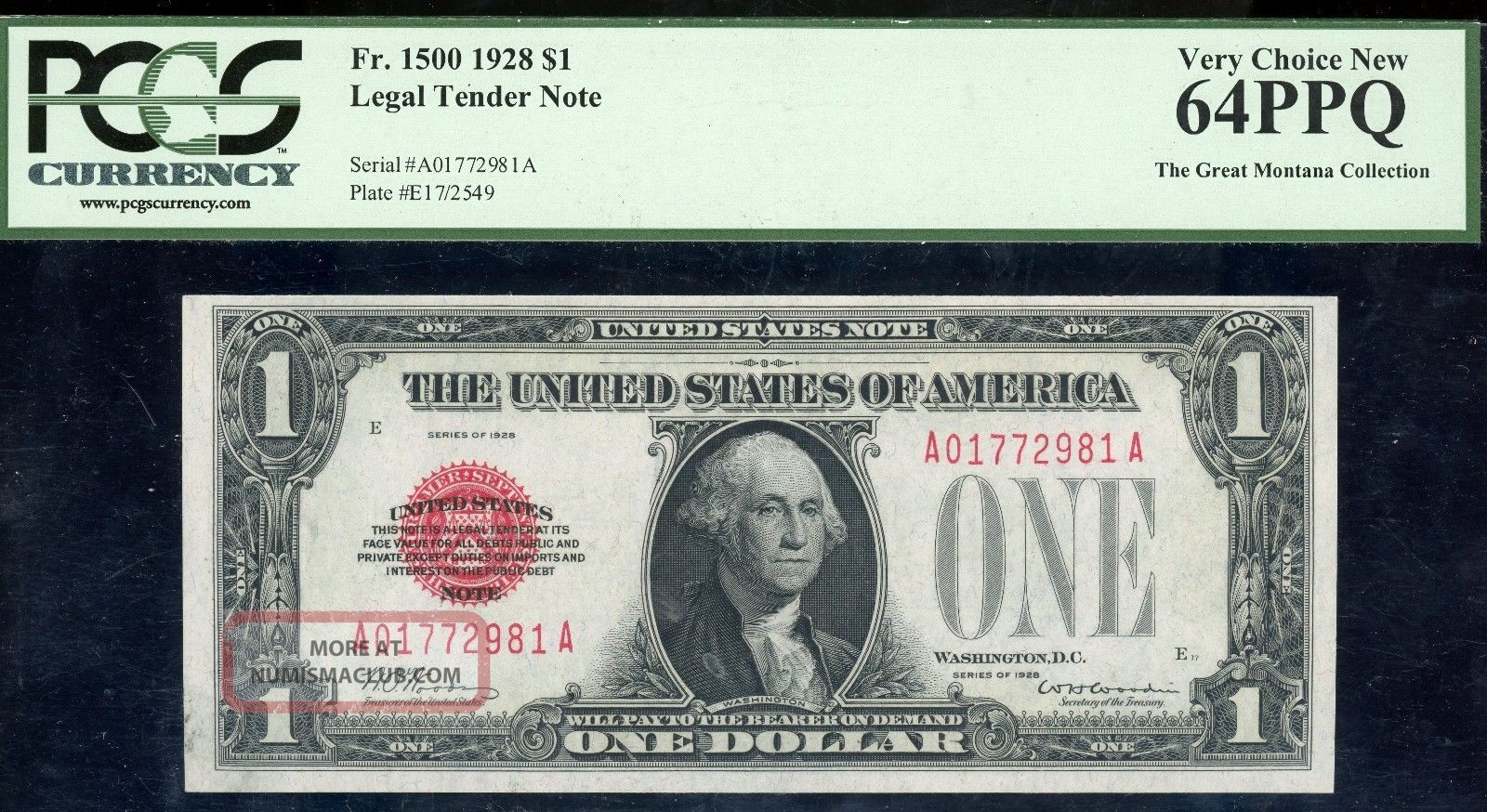 $1 1928 Legal Tender Red Seal Pcgs 64ppq A01772981a No Handling Packer Embossing Small Size Notes photo