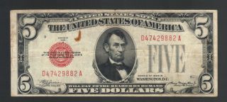 $5 1928b Red Seal Old Usa Legal Tender Note Paper Money Antique Currency Bill photo