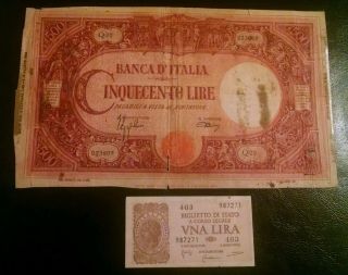 1943 Italy 500 Lire Banca D ' Italia Banknote Cinquecento Lire,  1944 Vna Lira photo