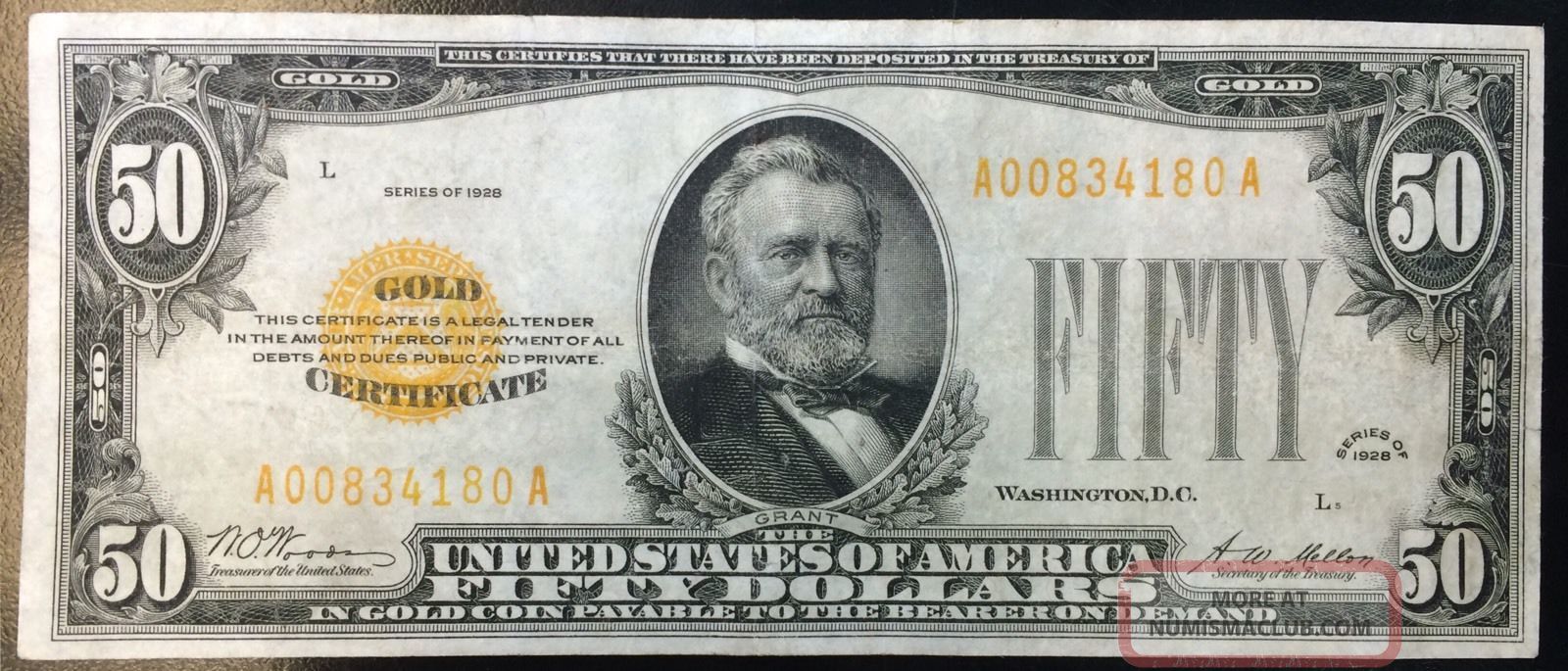 $50 Gold Seal Certificate Fifty Dollar Bill 1928 Woods Mellon Small Note (2246) Large Size Notes photo