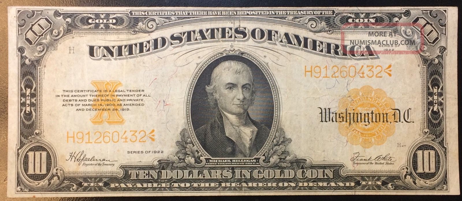 $10 Gold Seal Certificate Ten Dollar Bill 1922 White Speelman Note 2243 Large Size Notes photo