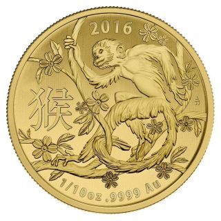 2016 1/10 Oz Year Of The Monkey Australia Lunar Coin.  9999 Gold Fine Bu (in Caps photo