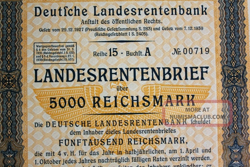 German National Pension Bank (berlin) Loan - 5000rm 1939 - Rare Stocks & Bonds, Scripophily photo