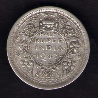 British India - 1943 - George Vi Lahore 1/2 Rupee Silver Coin Ex - Rare photo