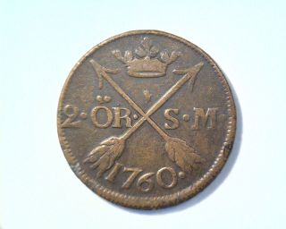 1760 Sweden 2 Ore Coin Km 461 Copper 3.  5 Grams Km 461 photo