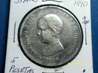 S[ain 5 Pesetas Silver Coin.  900 1890 Km629 photo