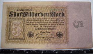 Germany Post - Ww1 Inflation Era/5 Billion (milliarde) Reichsbank Note 1923/vg - F C photo