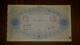 1937 Bank Of France Paris Note Cinq Cents Francs Watermark Paris Scarce Currency photo