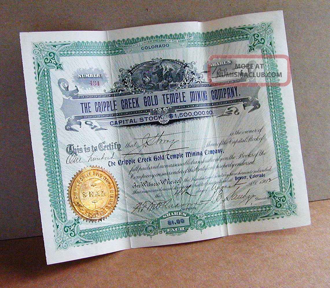 Old Cripple Creek Gold Mining Stock Certificate Colorado Rush Teller County Co Stocks & Bonds, Scripophily photo