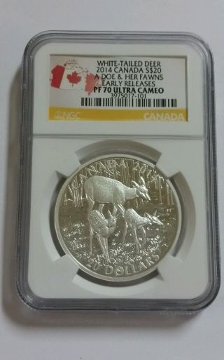 2014 Canada 1oz Silver White Tailed Deer Doe & Fawns Ngc Pf70 Uc Early Releases photo