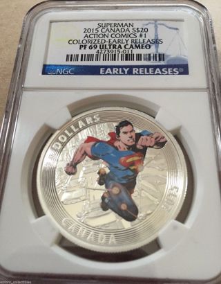 2015 1oz Silver Coin Superman 1 Early Release Pf69 Ultra Cameo W/box & photo