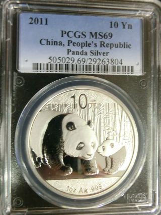 China 2011 Panda Silver Pcgs Ms69 Almost Perfect 1 Oz.  10 Yuan Scarce photo