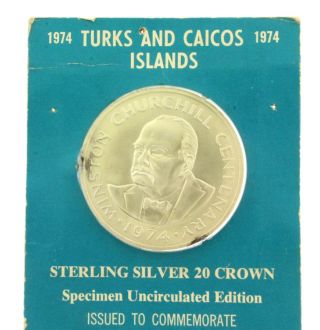 Rare Sterling Silver 20 Crown 1974 Winston Churchill Canadian Turks Caicos photo