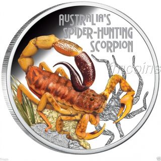 Spider - Hunting - Scorpion Australia Deadly Dangerous Silver Coin 1$ Tuvalu 2014 photo