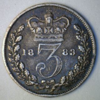1883 Silver 3 Pence Great Britain Uk English Coin Yg photo