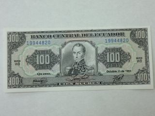 1991 Ecuador Unc Banknote 100 Sucres P123aa photo