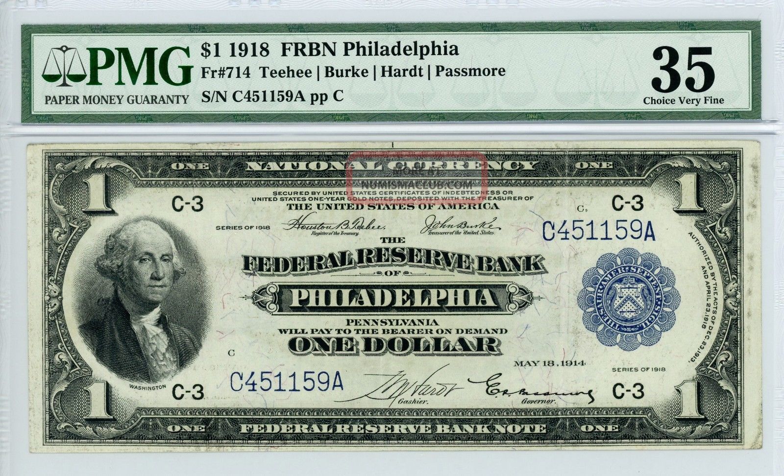1918 Fr.  714 $1 U.  S.  (philadelphia,  Pa) Federal Reserve Bank Note - Pmg Ch.  Vf 35 Large Size Notes photo