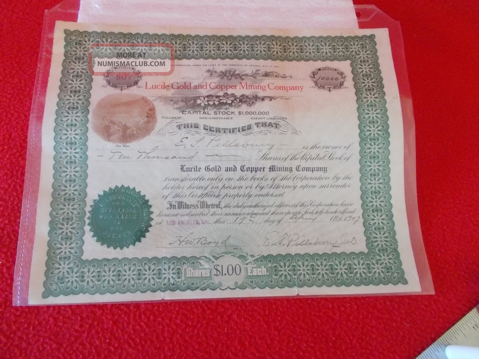 Arizona Territory Mining Share Certificate,  April 1909 Stocks & Bonds, Scripophily photo