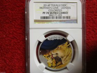 2014 - P Tuvalu Colorized Silver 1/2 Oz - Mother ' S Love Lioness Ngc Pf70 Coin Lion photo