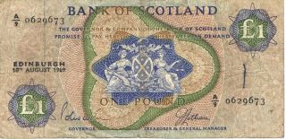 1969 Bank Of Scotland One Pound In Vg Pick 109 - Rare Serial A/9 photo