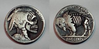 Hobo Nickel Skull & Buffalo Zombie 1927 Ohns Walking Dead Hand Carved Coin 185 photo