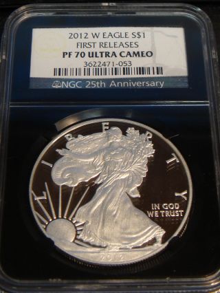 2012 - W $1 American Silver Eagle Ngc Pf 70 First Releases 25th Retro Black Slab photo