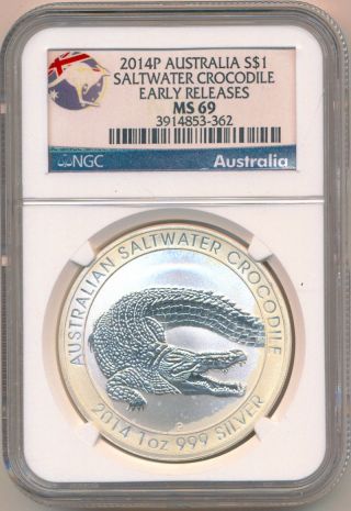 2014 - P Australia Saltwater Crocodile 1 Oz Fine Silver Ngc Ms69 Early Releases photo
