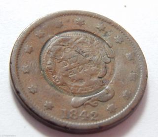 1842 Copper Us Braided Hair Large Cent Coin Counterstamped W/ Half Dime Reverse photo