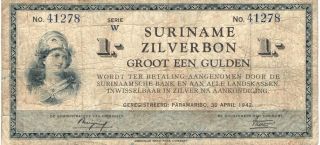 1942 Silverbonnen - Suriname 1 Gulden In Vg Pick: 105c photo