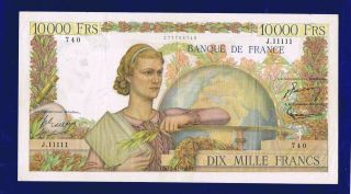 France 10000 Francs 1956 P132d Vf,  (with Pinholes) Rare Serie J.  11111 photo