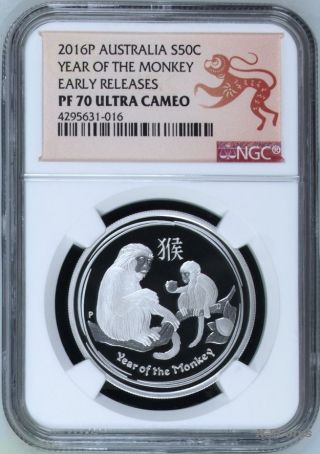 2016 P Australia Proof Silver Lunar Year Of The Monkey Ngc Pf 70 1/2 Oz Coin Er photo