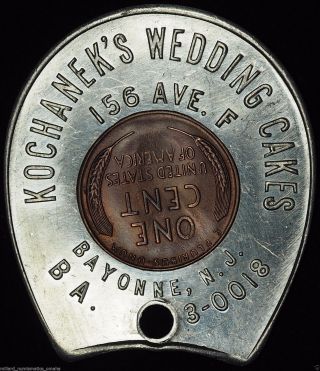 Kochanek ' S Wedding Cakes Bayonne Jersey 1949 D Encased Wheat Cent Horseshoe photo