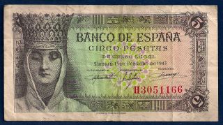 Spain 5 Pesetas 1943 P - 127 Ww2 Era Queen Isabel Columbus Spanish Note photo