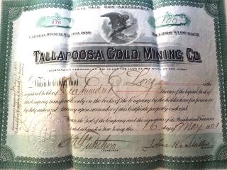 Antique Tallapoosa Stock Gold Mining 1901 100 Shares Capital Stock $3.  000.  00 photo