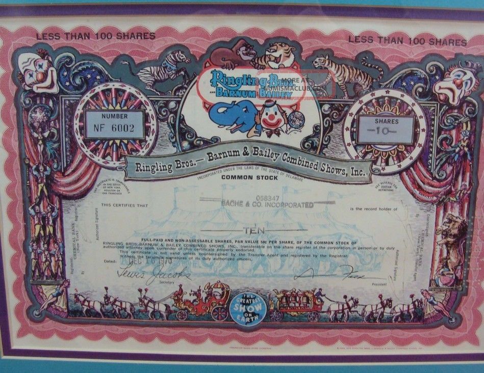 Vintage 1970 Ringling Brothers Barnum Bailey Circus Stock Certificate 10 Shares Stocks & Bonds, Scripophily photo