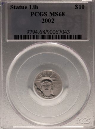 2002 Statue Of Liberty Platinum Eagle,  Pcgs Ms 68,  Us,  10 Dollars.  $10 photo