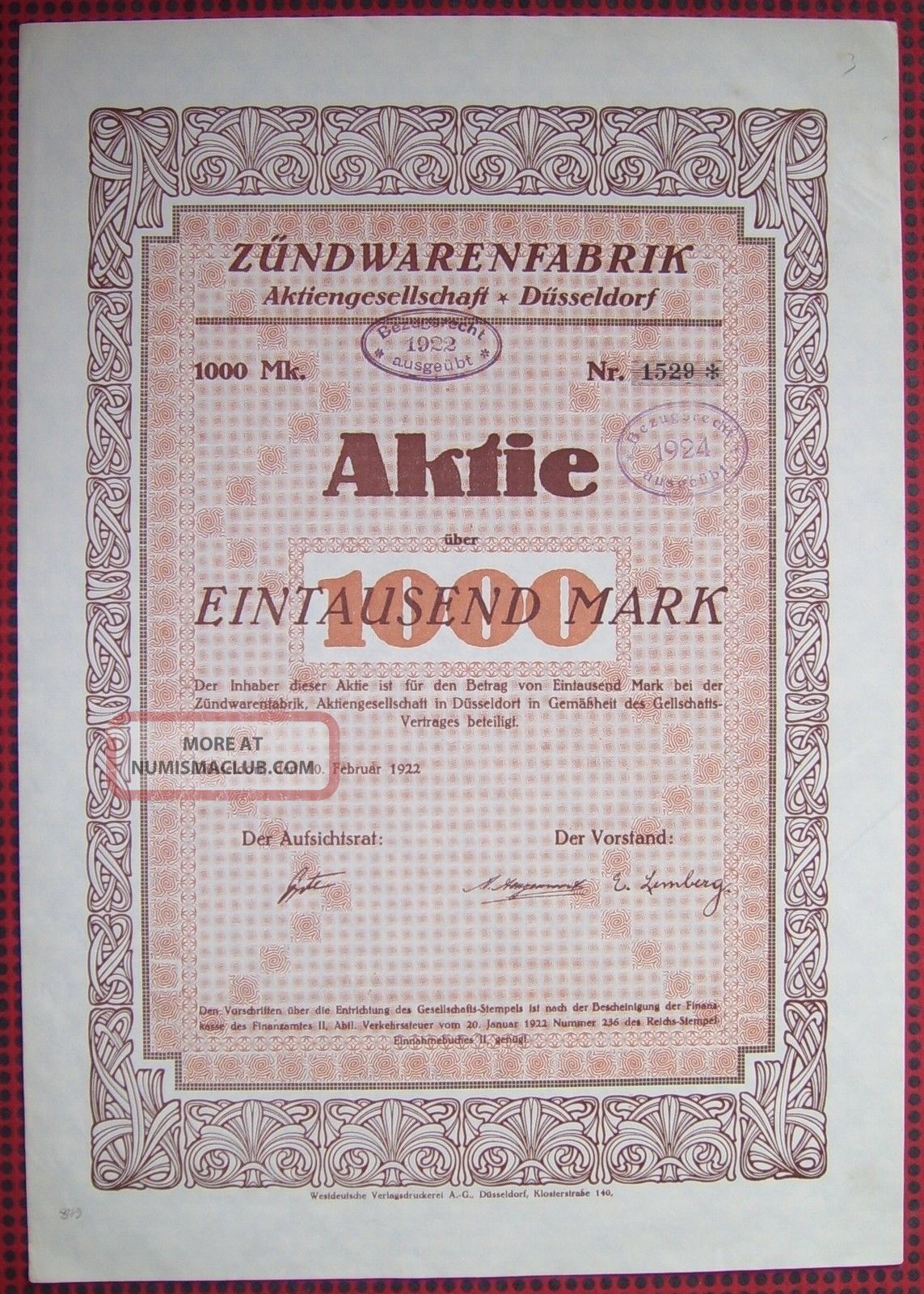 Germany 1922 Bond Certificate - 1000 Mark - Zundwarenfabriken Dusseldorf.  A79 World photo