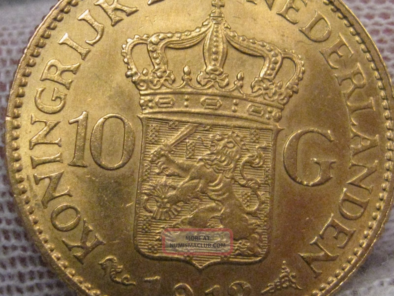 1912 Netherlands Wilhelmina Gold 10 Guilders Coin. Agw. 1947 Troy Oz.