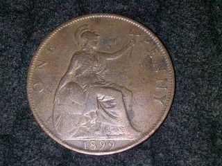 Real 1899 Great Britain One Penny Coin photo