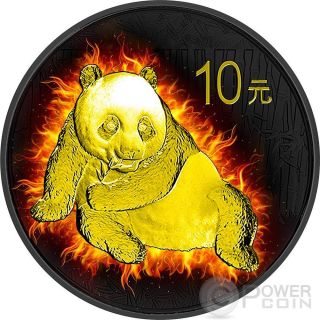 Burning Panda Fire Black Ruthenium Gold 1 Oz Silver Coin 10 Yuan China 2015 photo