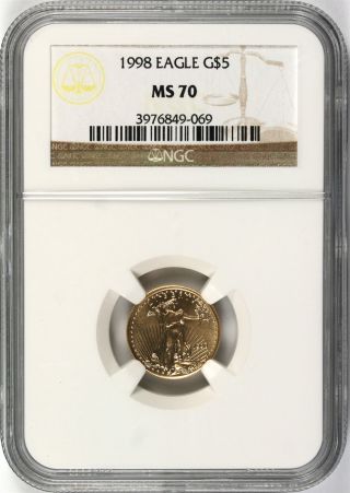 1998 Gold 1/10 Oz American Eagle $5 Ngc Ms70 photo