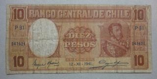 Rare Chile 10 Pesos 1 Condor 12.  11.  1941 Banknote photo