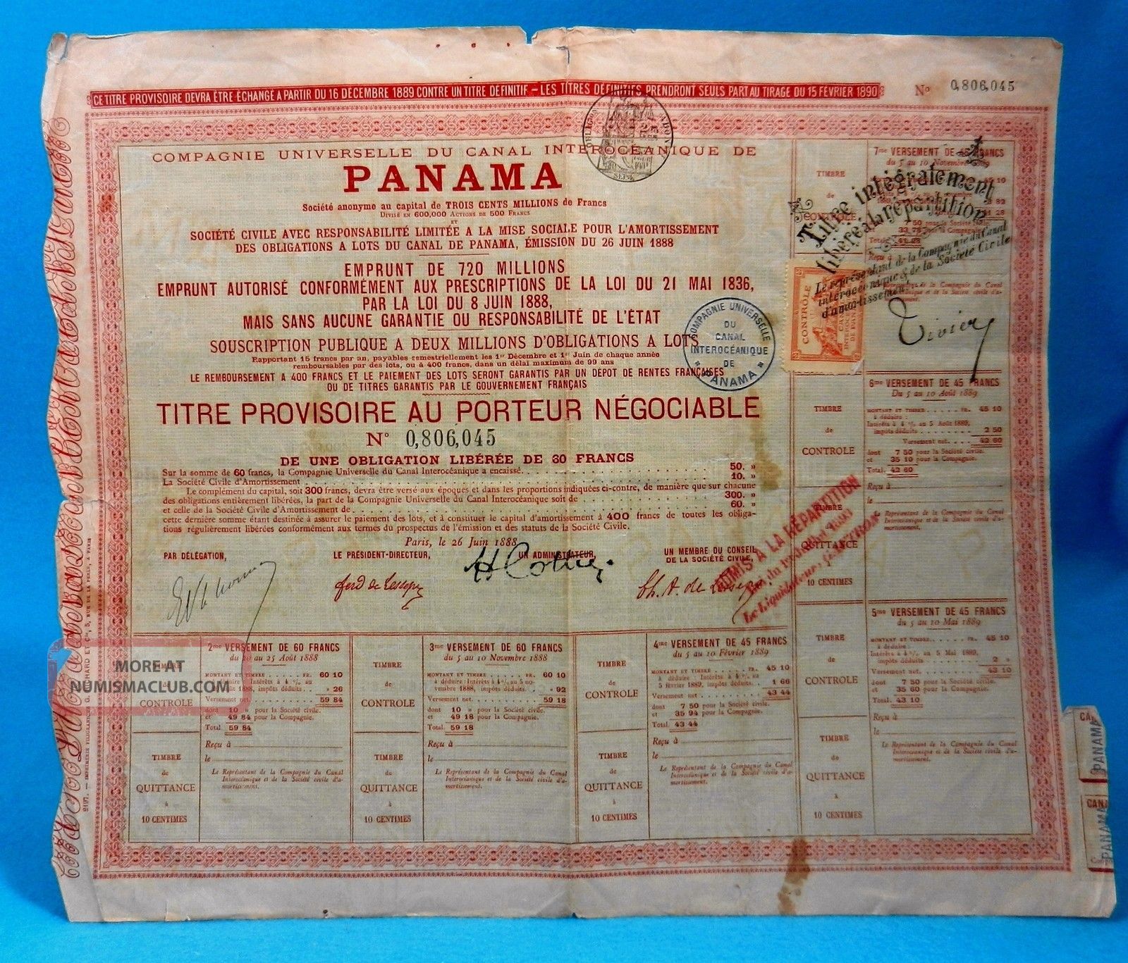1893 Historic Stock Certificate French Panama Canal World photo