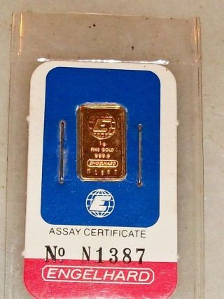 One Gram Engelhard.  999 Gold Bar In Uncirculated Assay Card photo