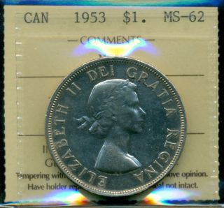 1953 Nsf Canada Queen Elizabeth Ii,  Silver Dollar,  Iccs Certified Ms - 62 photo