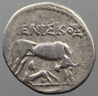 Dyrrhachium,  Illyria,  Cow,  Calf,  Eagle,  Drachm,  Silver,  MeniΣkoΣ,  200 - 80 B.  C. photo