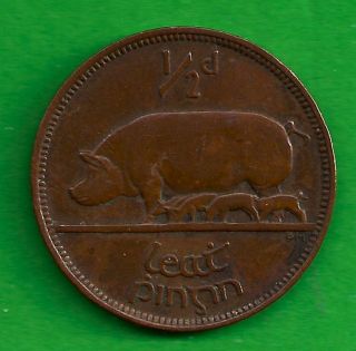 1928 Ireland 1/2 Penny Irish Harp / Sow Pig W/ Piglets Irish State Coin photo